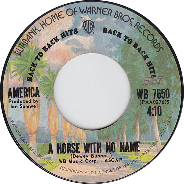  America -- A Horse With No Name, 1972 (M-) 45 rpm record, $8.00 - Click for bigger image and more info 